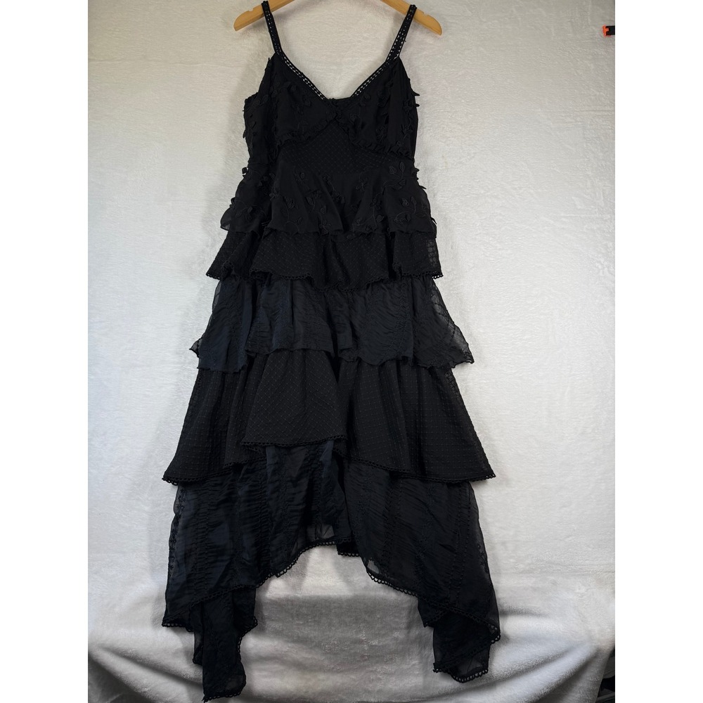 Lost Ink Black Floral Embroidered Swiss Dot Asymmetrical Midi Dress‎ Small